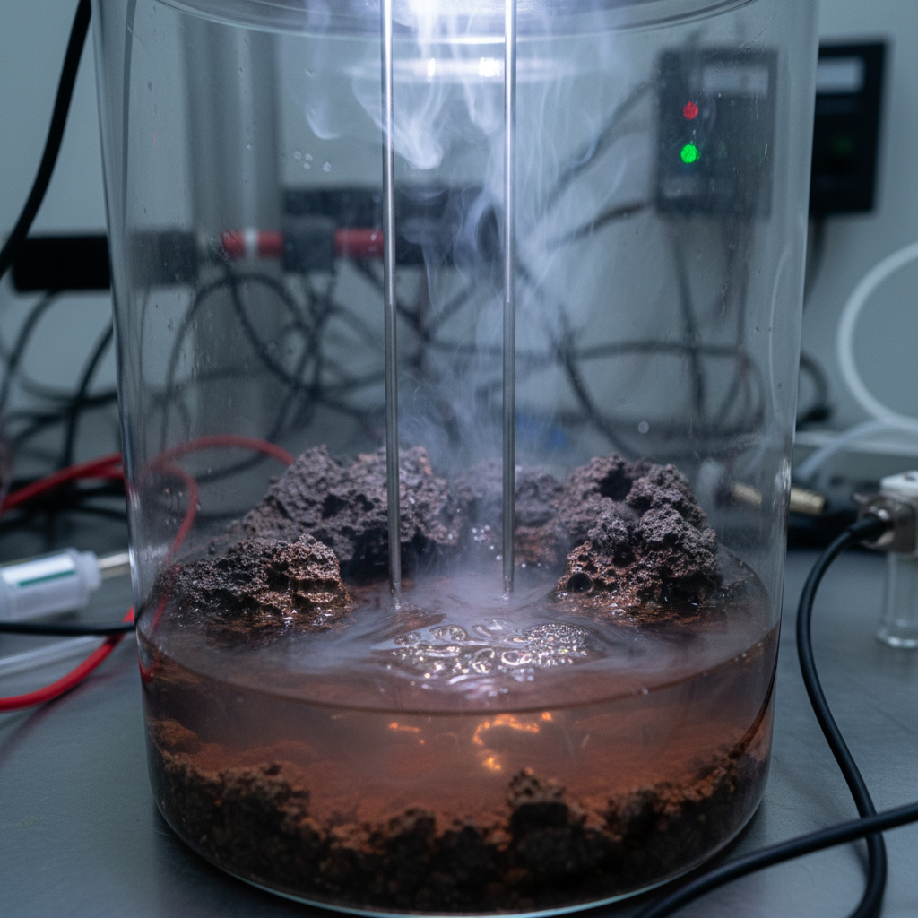 A detailed, photographic realism image of a controlled environment chamber simulating an early Earth atmosphere. Inside a clear glass cylinder, a shallow pool of murky water sits above dark volcanic rocks, with faint wisps of vapor rising. Thin electrodes dip into the chamber, their metallic surfaces catching the cool white laboratory lighting from above. The surrounding equipment is softly blurred, with cables and sensors visible but without any readable labels. Shot from a slightly elevated angle with medium depth of field, the focus remains on the water surface where tiny, shimmering organic-like films begin to form. The mood is methodical and experimental, suited for content on origins of life and prebiotic chemistry. Alt text: glass chamber with water, rocks, and electrodes simulating early Earth conditions in a lab.